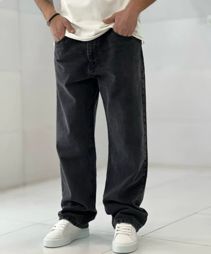 شلوار بگ ذغالی سیر بدون زاپ مردانه پارچه جین کجراه سنگشور گرماژ بالا