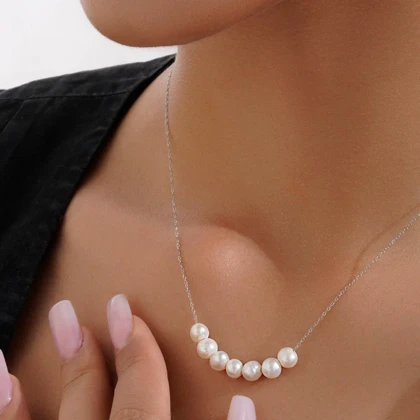 گردنبند زنانه مینیمال مروارید و زنجیر نقره | مدل 7تایی