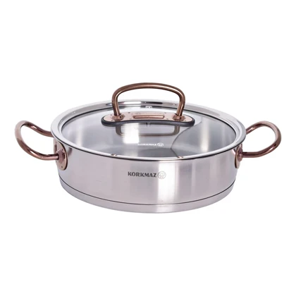 سرویس قابلمه 8 پارچه کرکماز، جنس بدنه استیل، دارای دسته پرچ شده، کفه سه لایه و طراحی مناسب جهت پخش بهتر گرما، مدل پرولاین proline ، سایز قابلمه‌ها 16، 20، 24، سایز تابه دو دسته 24