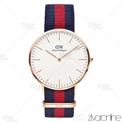 ساعت دنیل ولینگتون مردانه قاب رزگلد بند پارچه ای قرمز سرمه ای 102808