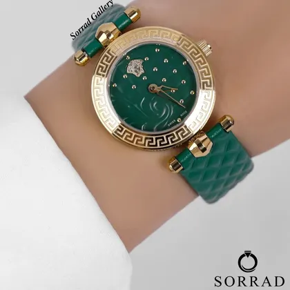 ساعت ورساچه زنانه / ساده بند چرمی رنگ سبز صفحه سبز-طلایی