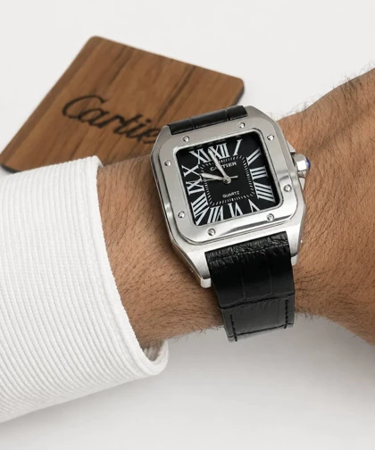ساعت کارتیر سانتوس صد مردانه مشکی صفحه مشکی Cartier Santos 100 black