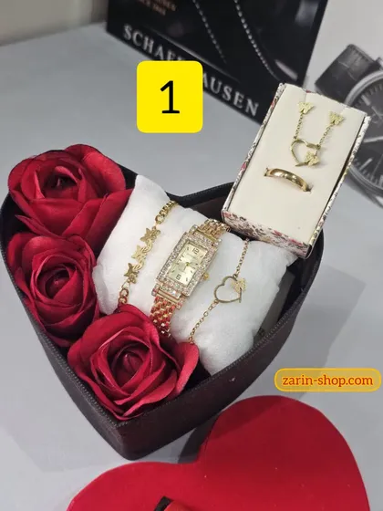 باکس هدیه زنانه ست ساعت نگینی و نیمست