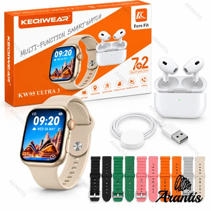 ساعت هوشمند KEQIWEAR مدل KW95 Ultra 3 با ایرفون بی سیم و ضد آب IP67 طلایی مدل u-10945