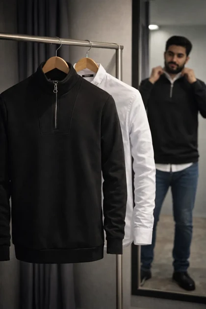 پکیج دورس مردانه نیم زیپ مدل Behbod-مشکی + پیراهن مردانه سفید مدل VQ
