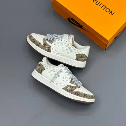 کفش نایک ایر جردن وان لو تراویس اسکات لویی ویتون سفید قهوه ای Nike Air Jordan 1 Low Travis Scott Louis Vuitton White Brown