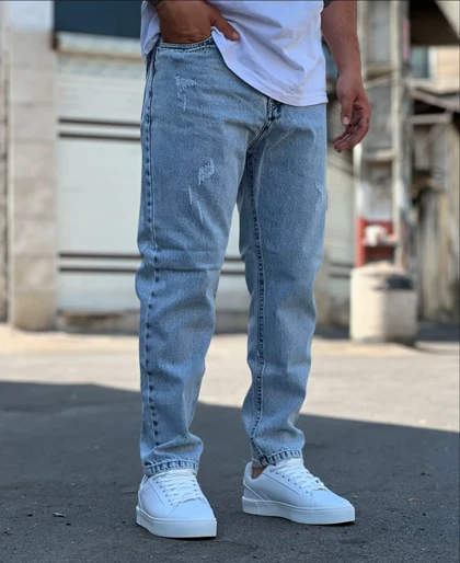 شلوار مام فیت آبی یخی پارچه کجراه پنبه اعلا کد 648 اورجینال دیلم