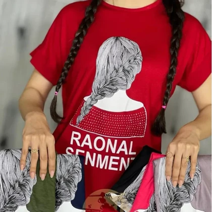 تیشرت زنانه ویسکوز نگین‌دار طرح گیسو