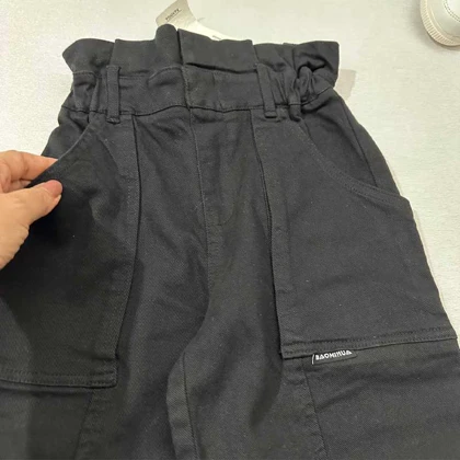 شلوار کتان بگ پایین بنددار دخترانه بنفش و مشکی