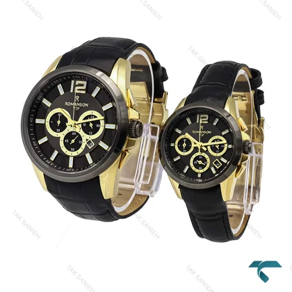ست ساعت رومانسون سه موتوره طلایی مشکی بند چرم Romanson-5941-S