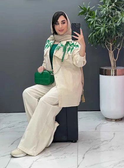 مانتو لینن گلدوزی آستین ریش