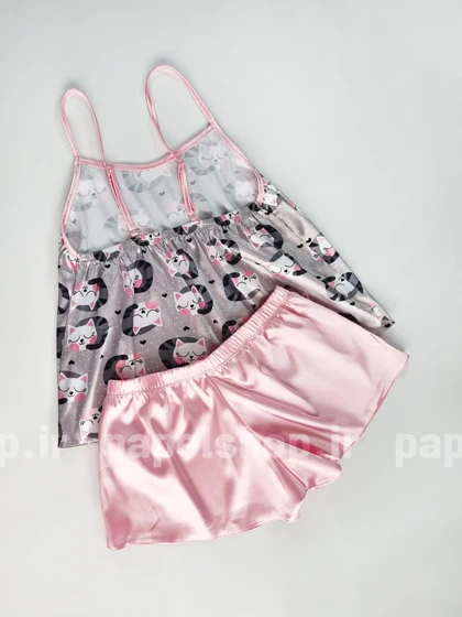 ست لباس خواب تاپ و شورتک ساتن طرح گربه و قلب