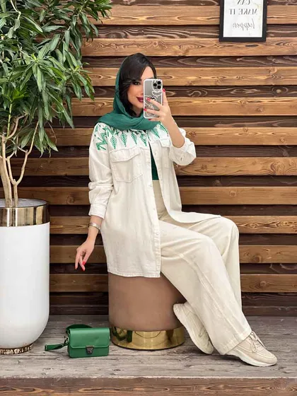 مانتو لینن گلدوزی آستین ریش