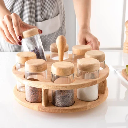 استند ادویه چوبی تخت گردان شیشه ساده