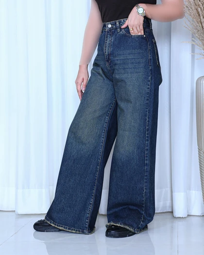 خرید شلوار جین فول بگ زنانه سرمه‌ای تینت پارچه ترک baggy jeans outfit کد 912200
