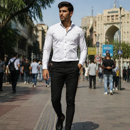 پکیج پیراهن مردانه سفید مدل VQ + شلوار مردانه مشکی مدل MOBIN