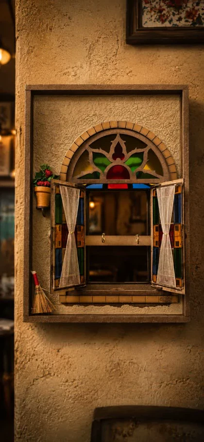 قاب جاکلیدی چوبی آینه دار طرح پنجره و گلدان