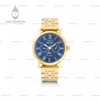 ساعت مچی پتک فیلیپ فول دیت بند طلایی صفحه مشکی Patek Philippe