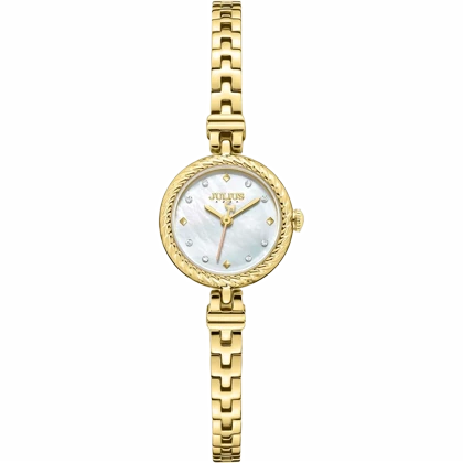 ساعت مچی زنانه جولیوس مدل JA-1453B اورجینال؛ طراحی ظریف دستبندی طلایی با صفحه صدفی و قاب بافت‌دار