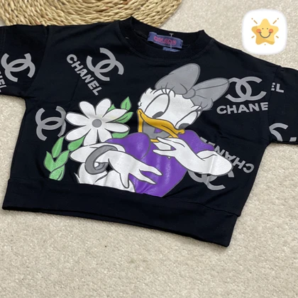 کراپ دخترانه مشکی پنبه طرح اردک 4 تا 14 سال