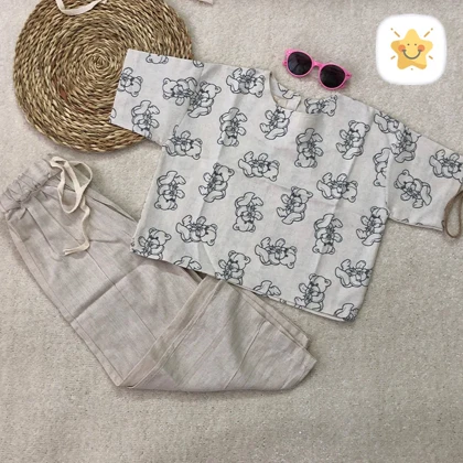 کراپ شلوار لینن دخترانه پارچه خارجی چاپ خرس 4 تا 14 سال