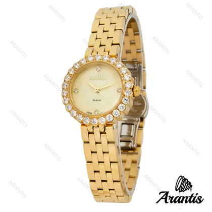 ساعت الکسا 2002z زنانه طلایی دور نگین صفحه سفید w-10131