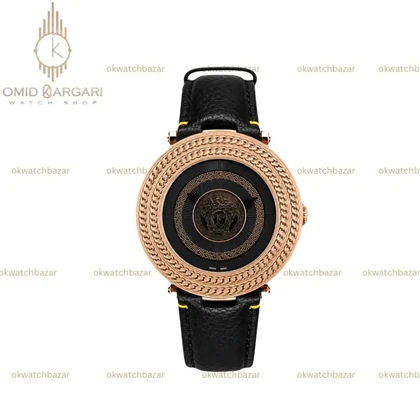 ساعت مچی ورساچه صفحه طرحدار قاب رزگلد چرمی مشکی Versace