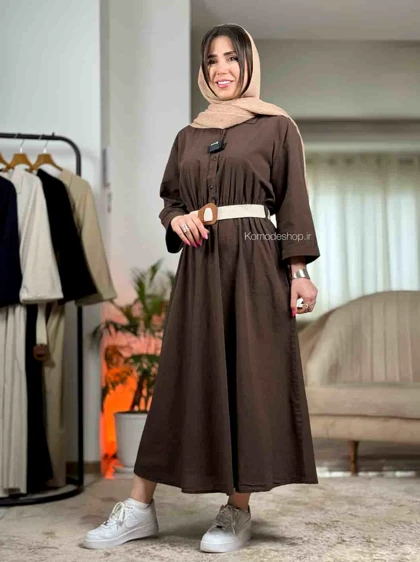 پیراهن لینن بلند زنانه کمربندار