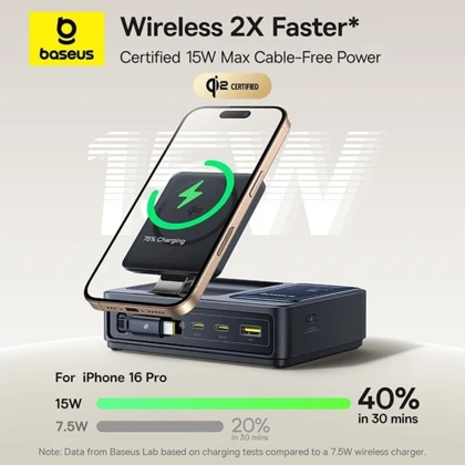 شارژر وایرلس 15 وات و هاب شارژر USB، تایپ‌سی و کابل تایپ‌سی جمع شونده 140 وات بیسوس Baseus CCNMS140 P10170901123-00