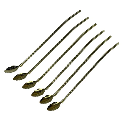 نی شربت استیل طلایی 6عددی بافرچه طرح برگ/p401