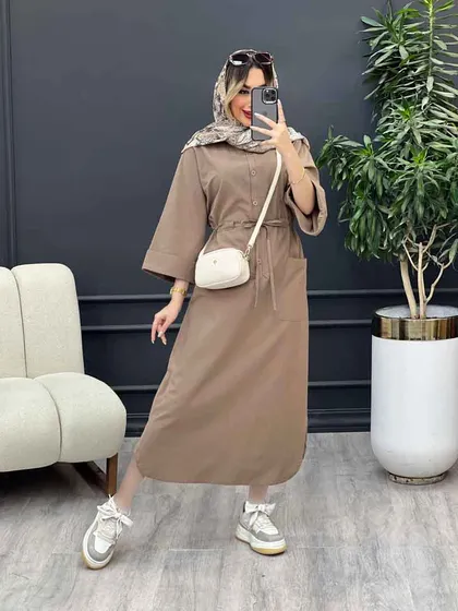 پیراهن بلند کمر گت تک جیب