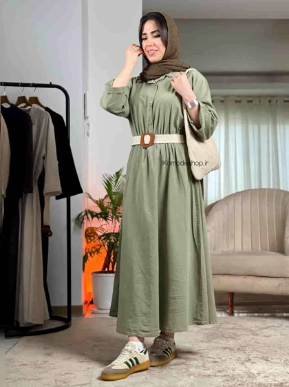 پیراهن لینن بلند زنانه کمربندار