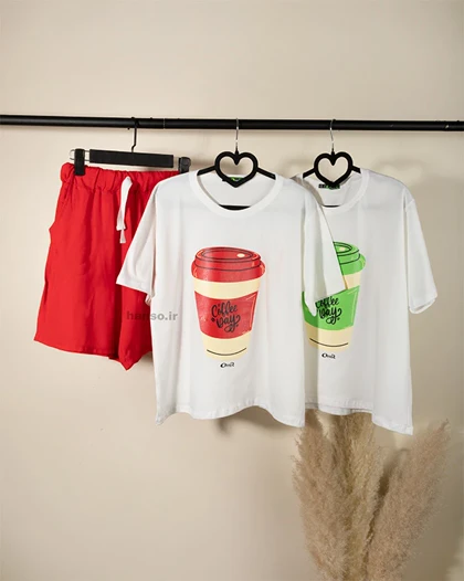 ست تیشرت شلوارک نخی زنانه طرح Coffee