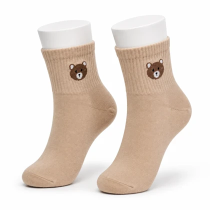 جوراب نیم‌ساق زنانه نخ پنبه بولرو (Bolero) طرح خرسی کرمی بژ