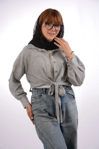 شومیز گره‌ای لینن ملانژ عسل