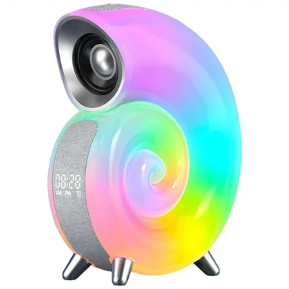 اسپیکر بلوتوثی شارژی حلزونی RGB دار با چراغ خواب و ساعت زنگ دار