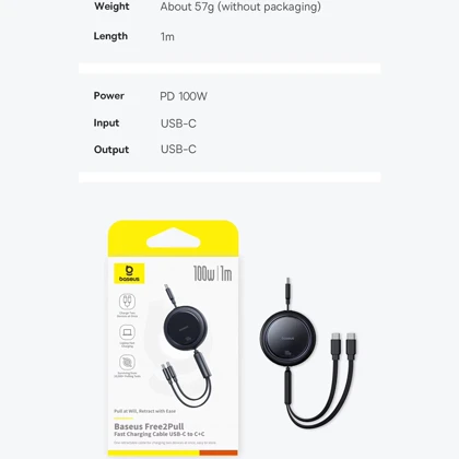 کابل جمع شونده تایپ سی به دو تایپ‌سی 100 وات یک متری بیسوس Baseus CB000124/P10318602111
