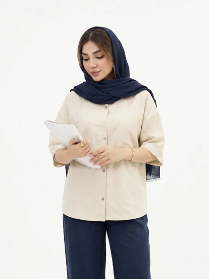 شومیز لینن آستین کوتاه دوجیب