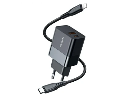 شارژر دیواری 2 پورت 20 وات به‌همراه کابل تایپ‌سی به لایتنینگ مک‌دودو MCDODO CH-1952 Hydrogen Series 20W Charger + Type-C to Lightning Cable