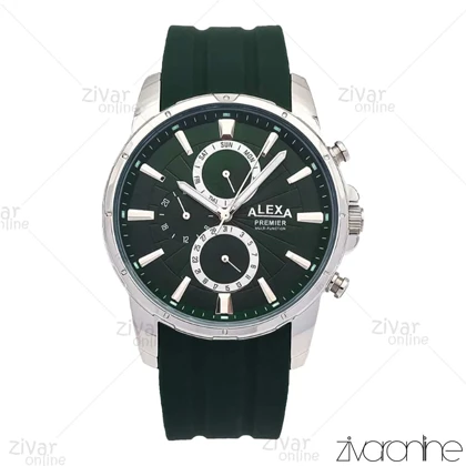 ساعت الکسا پریمیر A0102 مردانه سه موتوره قاب سیلور بند رابر سبز 106207