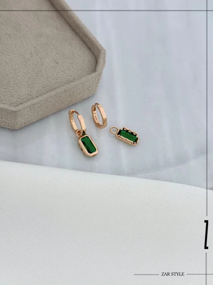 گوشواره حلقه‌ای دو قطعه آویز نگین مستطیلی