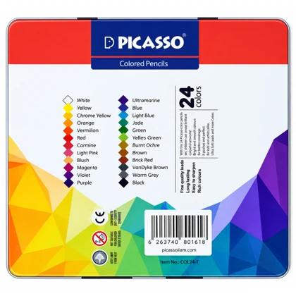 مداد رنگی 24 رنگ پیکاسو Picasso مدل GOL24-T جعبه فلزی