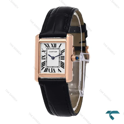 ساعت کارتیه تانک زنانه رزگلد بند چرم مشکی اسمال Cartier-6860-L