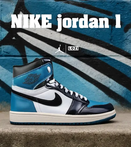 کفش کتانی ساق‌دار مردانه و زنانه مشکی سفید آبی NIKE jordan 1 مدل 7674