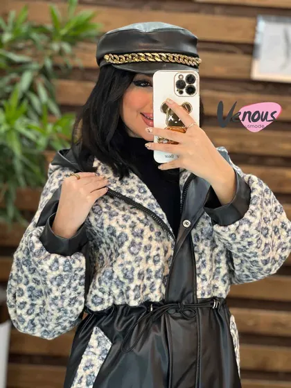 پالتو چرم ترکیبی پلنگی