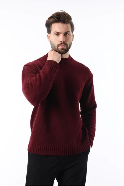 ژاکت بافتنی مردانه Claret Red Crew Neck Overfit E7402