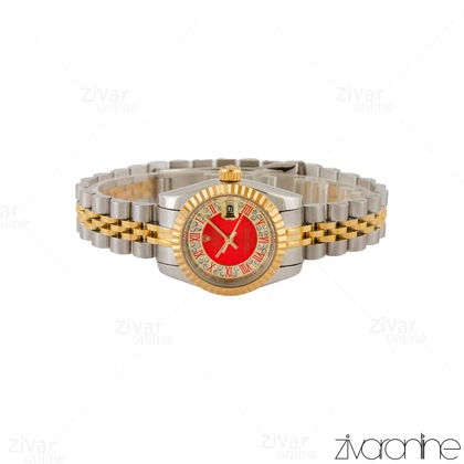 ساعت رولکس دیت جاست زنانه دور نگین صفحه قرمز اعداد یونانی 105108