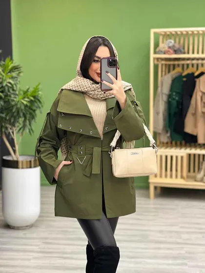 بارانی آستین و یقه پرچ دار