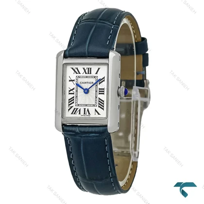 ساعت کارتیه تانک زنانه نقره ای بند چرم سرمه ای اسمال Cartier-8889-L