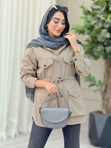 مانتو کتان کمرگت جیب پاکتی